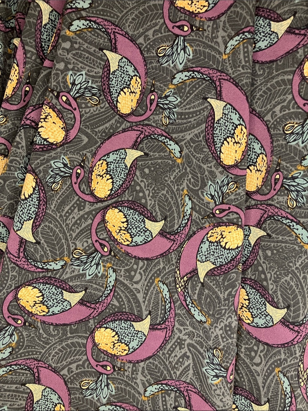 LuLaRoe Gray Peacock Paisley Skater Skirt with Purple and Yellow Accents- XL - Picture 3 of 4
